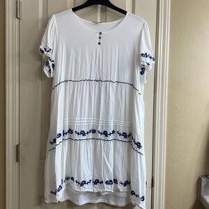 Polagram White Lined Dress with Navy Blue Embroidered Floral